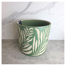 Load image into Gallery viewer, Lierre Green container with leaf pattern on a light gray surface, featuring the brand 'LEAFERIE'.