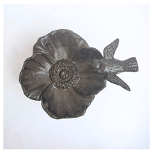 Load image into Gallery viewer, Barry cast iron Decorative bird bath with a bird on top, branded 'LEAFERIE', on a white background.