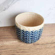 Load image into Gallery viewer, The Leaferie Aretie Blue and white ceramic pot. Leaf motif