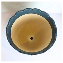 Load image into Gallery viewer, Indira Blue scalloped edge planter with saucer on a white background, featuring the LEAFERIE brand.