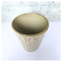 Load image into Gallery viewer, Vionna Beige ceramic pot with decorative patterns on a white surface, branded 'LEAFERIE'.