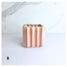 Load image into Gallery viewer, Rosin square ceramic planters with striped design on a marble surface, featuring the brand 'LEAFERIE'.