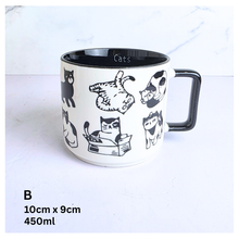 Load image into Gallery viewer, Two mugs with cat designs on a white surface, featuring the Leaferie and Olivier Seven logos.