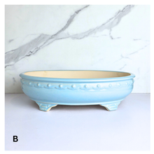 Load image into Gallery viewer, Bonsai series 86 . 2 ceramic bonsai pots in blue and green on a white background with 'LEAFERIE' branding.