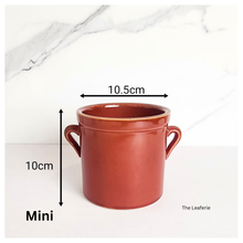 Load image into Gallery viewer, Red ceramic pot with dimensions on a white background