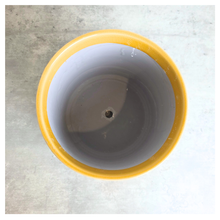 Load image into Gallery viewer, A yellow glazed ceramic planter with embossed wildflower patterns, displayed on a gray stone surface against a white marble background. The brand LEAPERIE is visible at the top, and the product name 'Avara' is shown at the bottom left.