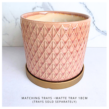 Load image into Gallery viewer, Petalia Decorative pink pot with geometric pattern on a marble background, featuring the brand