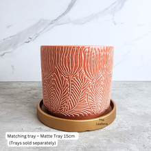 Load image into Gallery viewer, The Leaferie Roselle red / orange ceramic pot with leaf imprint.