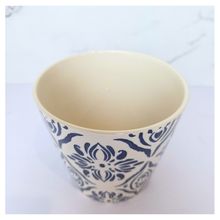 Load image into Gallery viewer, Lisette Ceramic planter with blue floral pattern on a white background, featuring the brand 'LEAFERIE'.