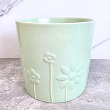 Load image into Gallery viewer, The Leaferie Elian flowerpot. Floral green and pink color ceramic pot.