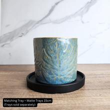 Load image into Gallery viewer, The Leaferie Aspasia blue leaf motif pot. ceramic material
