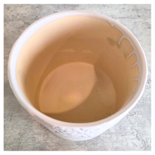 Load image into Gallery viewer, Mason White ceramic planter with floral patterns on a marble surface, featuring the Leaferie brand.