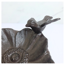 Load image into Gallery viewer, Barry cast iron Decorative bird bath with a bird on top, branded 'LEAFERIE', on a white background.