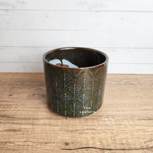 Load image into Gallery viewer, The Leaferie ZInnovia black pot with leaf print. ceramic
