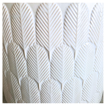 Load image into Gallery viewer, Finn White ceramic planter with geometric pattern on a marble surface, featuring the Leaferie brand.