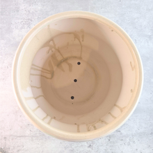 Load image into Gallery viewer, An empty beige ceramic pot viewed from directly above, showing the interior with three drainage holes and light staining on the inside walls, set against a light gray textured background.