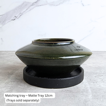 Load image into Gallery viewer, The Leaferie Xyla dark green shallow pot. ceramic material