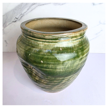 Load image into Gallery viewer, Anzu Leaferie ceramic flowerpot with green and black glaze on a white background, featuring the brand 'LEAFERIE'.