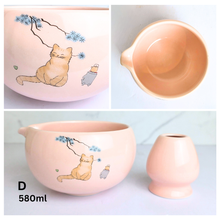 Load image into Gallery viewer, Ceramic bowl with cat illustration and small pitcher on a light blue background