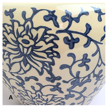 Load image into Gallery viewer, Aveline Ceramic planter with blue floral pattern on a gray background, featuring the Leaferie brand.