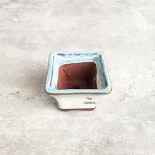 Load image into Gallery viewer, Small square ceramic pot with blue rim and brown interior on a light gray surface, branded 'The Leaferie'.