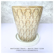 Load image into Gallery viewer, Vionna Beige ceramic pot with decorative patterns on a white surface, branded 'LEAFERIE'.