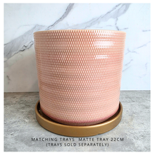 Load image into Gallery viewer, Kael Pink textured plant pot on a marble surface with 'LEAFAERIE' branding.