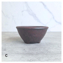 Load image into Gallery viewer, Petit bonsai 28. Collage of terracotta bonsai pots with 'LEAFERIE' branding on a light background.