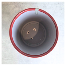 Load image into Gallery viewer, Talia Red ceramic planter with leaf pattern on a gray surface, branded 'LEAFERIE'.