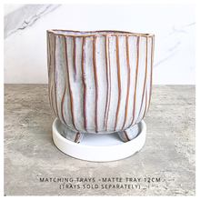 Load image into Gallery viewer, Jace Ceramic planter with striped design on a marble surface, featuring the brand 'LEAFERIE'.