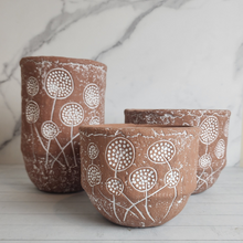 Load image into Gallery viewer, The Leaferie Mona Terracotta pot. front viiew. 3 design