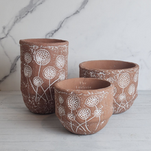 Load image into Gallery viewer, The Leaferie Mona Terracotta pot. front viiew. 3 design