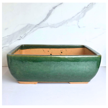 Load image into Gallery viewer, Bonsai 92 Rectangular Two green ceramic bonsai pots with 'Leaferie' branding on a white background.
