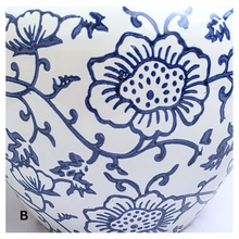 Load image into Gallery viewer, Aveline Ceramic planter with blue floral pattern on a gray background, featuring the Leaferie brand.