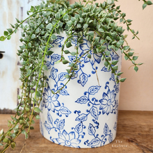 Load image into Gallery viewer, The Leaferie tall chinoserie plant pot. front view with plant .close up