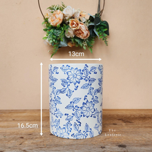 Load image into Gallery viewer, The Leaferie tall chinoserie plant pot. front view. measurement