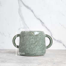 Load image into Gallery viewer, The Leaferie Naoki green plant pot with 2 handles. ceramic material. front view and size