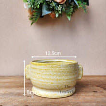 Load image into Gallery viewer, The Leaferie Caiomhe pot. yellowe shallow ceramic plant pot. front view. size