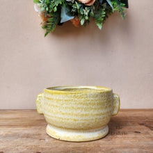 Load image into Gallery viewer, The Leaferie Caiomhe pot. yellowe shallow ceramic plant pot. front view