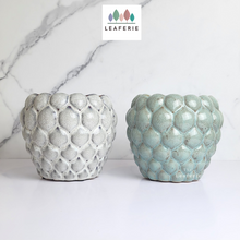 Load image into Gallery viewer, The Leaferie Nani ceramic pot. 2 colours. grey and green. front view of pot