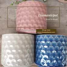 Load image into Gallery viewer, The Leaferie Diamante pot. ceramic 3 colours grey, blush and blue . front view of 3 pots
