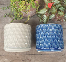 Load image into Gallery viewer, The Leaferie Diamante pot. ceramic 3 colours grey, blush and blue . front view of grey and blue