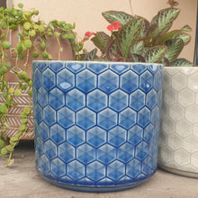 Load image into Gallery viewer, The Leaferie Diamante pot. ceramic 3 colours grey, blush and blue . front view of blue