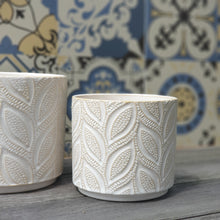 Load image into Gallery viewer, The Leaferie Elmeri plant pot. leaf imprint ceramic pot with 2 colours grey and white. front view of mini white