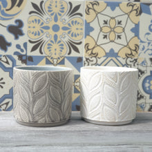 Load image into Gallery viewer, The Leaferie Elmeri plant pot. leaf imprint ceramic pot with 2 colours grey and white. front view
