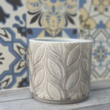 Load image into Gallery viewer, The Leaferie Elmeri plant pot. leaf imprint ceramic pot with 2 colours grey and white. front view of grey
