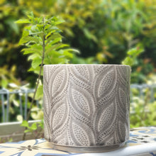 Load image into Gallery viewer, The Leaferie Elmeri plant pot. leaf imprint ceramic pot with 2 colours grey and white. front view of grey