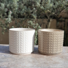 Load image into Gallery viewer, The Leaferie Corsica plant pot. 2 sizes. front view of white and Mocca colour
