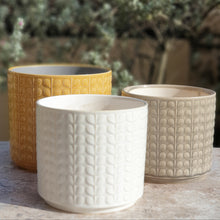 Load image into Gallery viewer, The Leaferie Corsica plant pot. 2 sizes. front view of mustard, mocca na white colour.