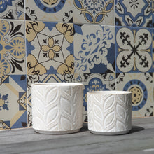 Load image into Gallery viewer, The Leaferie Elmeri plant pot. leaf imprint ceramic pot with 2 colours grey and white. front view of white
